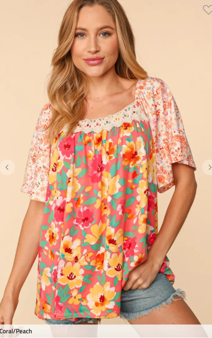 FLORAL COLOR BLOCK CROCHET LACED KNIT TOP