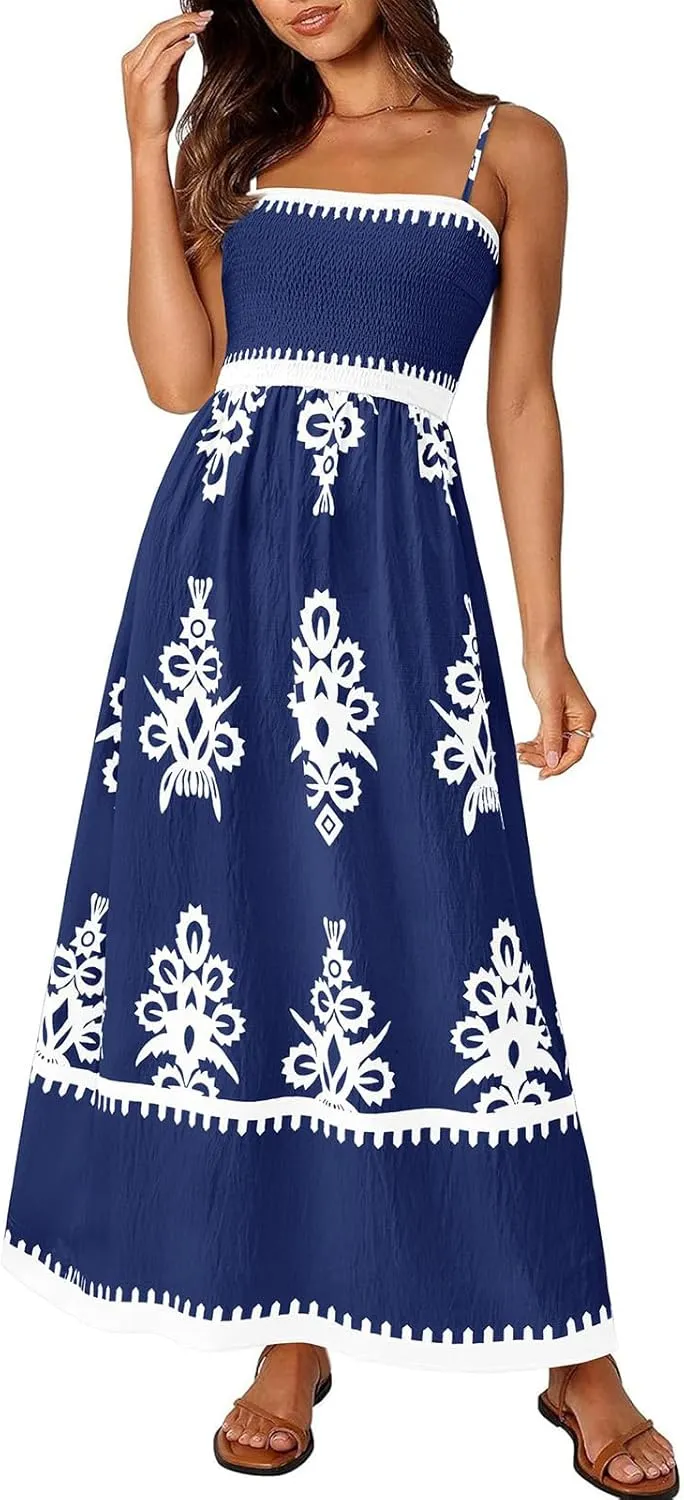 Floral Dress for Women 2025 Spaghetti Strap Smocked Tank Dress Tunic Boho Maxi Dresses Summer A Line Flowy Sundress