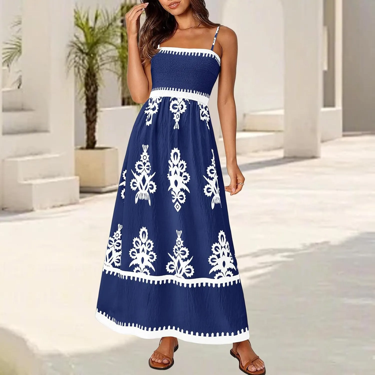 Floral Dress for Women 2025 Spaghetti Strap Smocked Tank Dress Tunic Boho Maxi Dresses Summer A Line Flowy Sundress