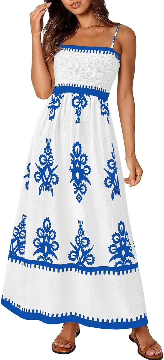 Floral Dress for Women 2025 Spaghetti Strap Smocked Tank Dress Tunic Boho Maxi Dresses Summer A Line Flowy Sundress