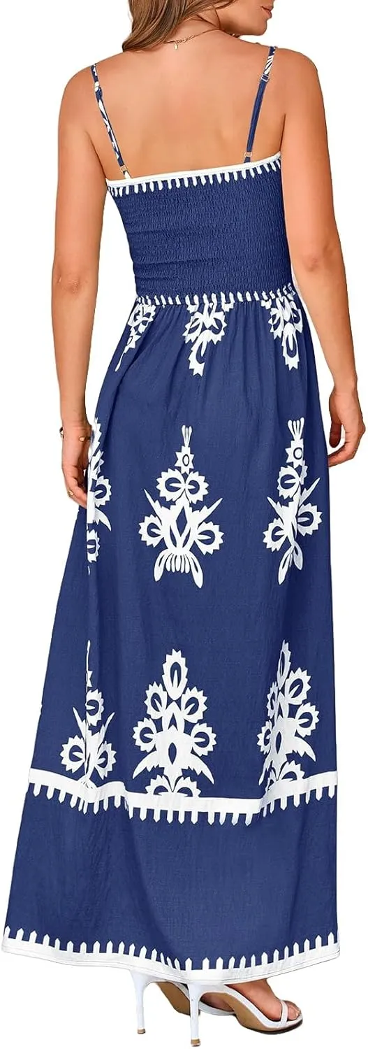 Floral Dress for Women 2025 Spaghetti Strap Smocked Tank Dress Tunic Boho Maxi Dresses Summer A Line Flowy Sundress