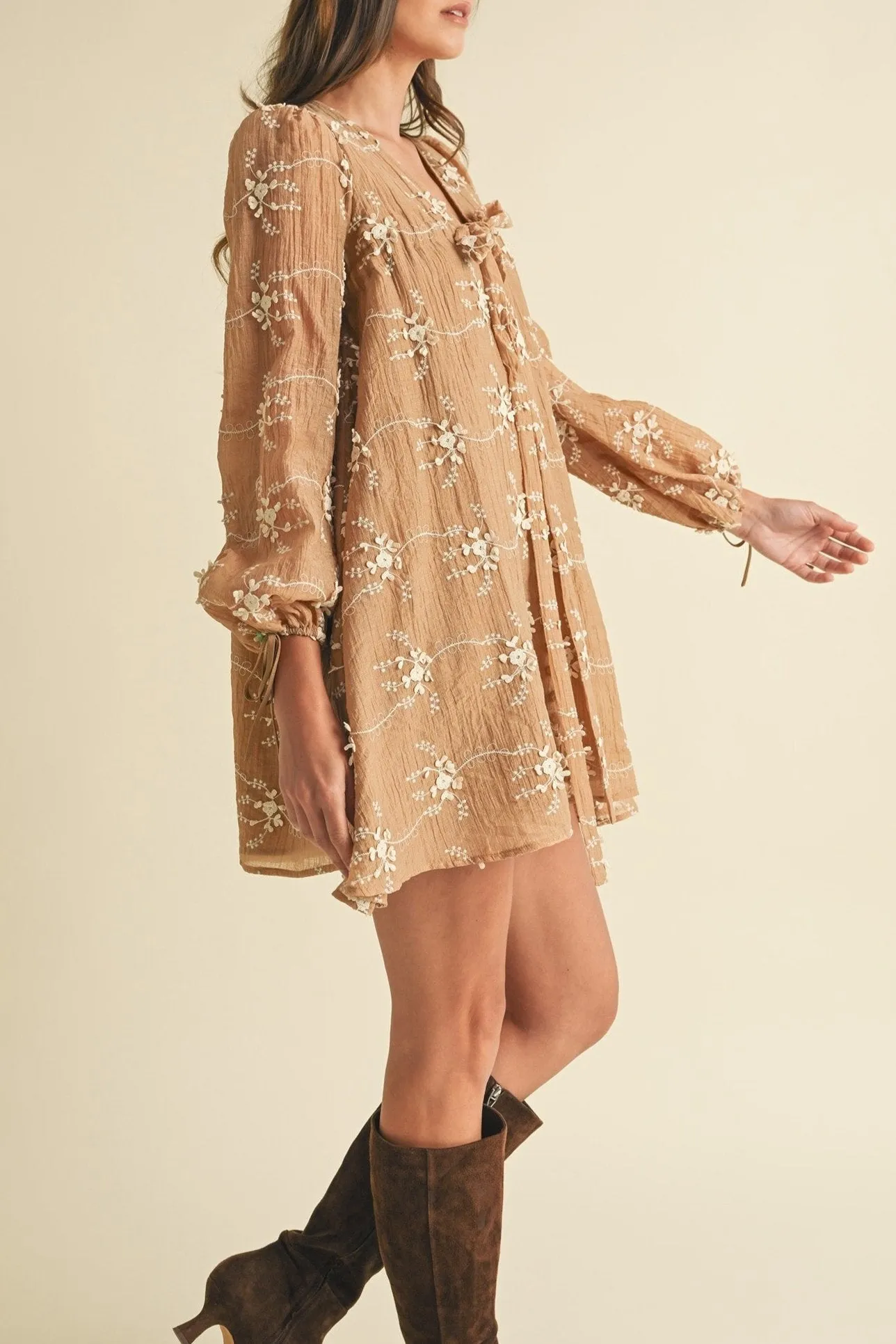 Floral Embroidered Long Sleeve Mini Dress