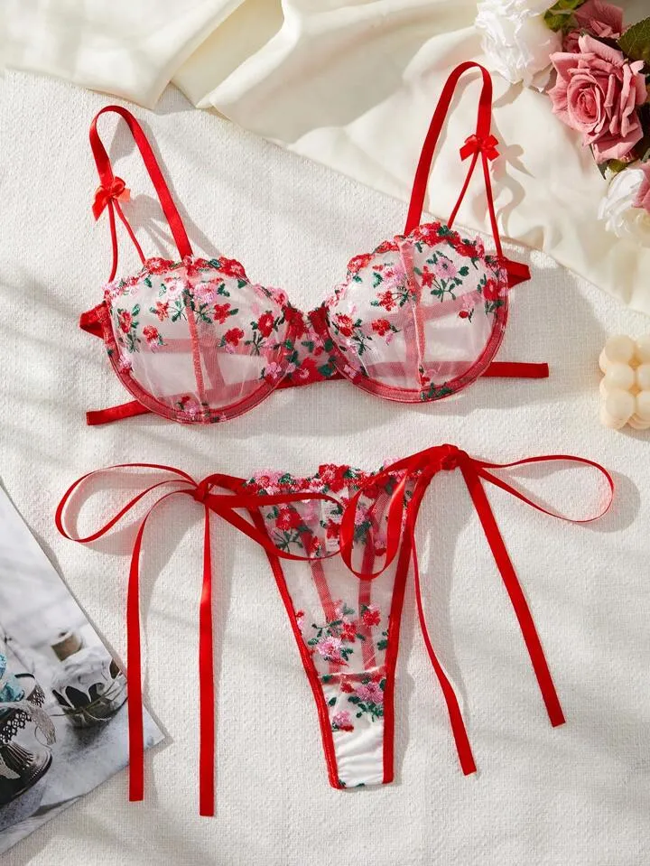 Floral Embroidery Mesh Lingerie Set