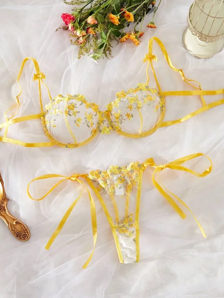 Floral Embroidery Mesh Lingerie Set