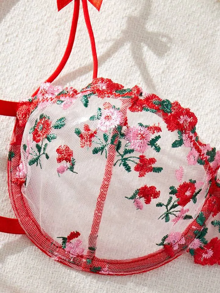 Floral Embroidery Mesh Lingerie Set