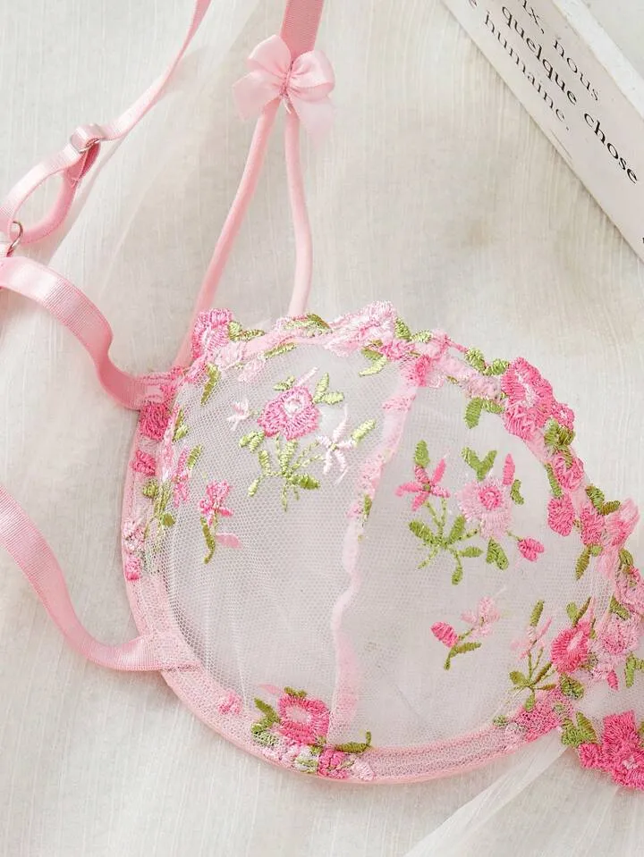 Floral Embroidery Mesh Lingerie Set