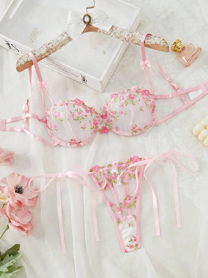 Floral Embroidery Mesh Lingerie Set