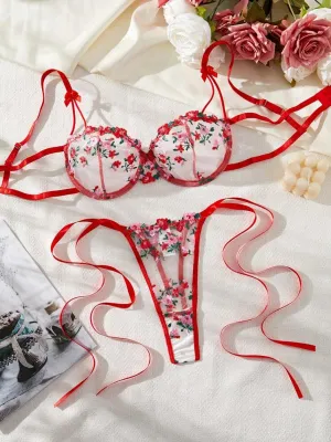 Floral Embroidery Mesh Lingerie Set