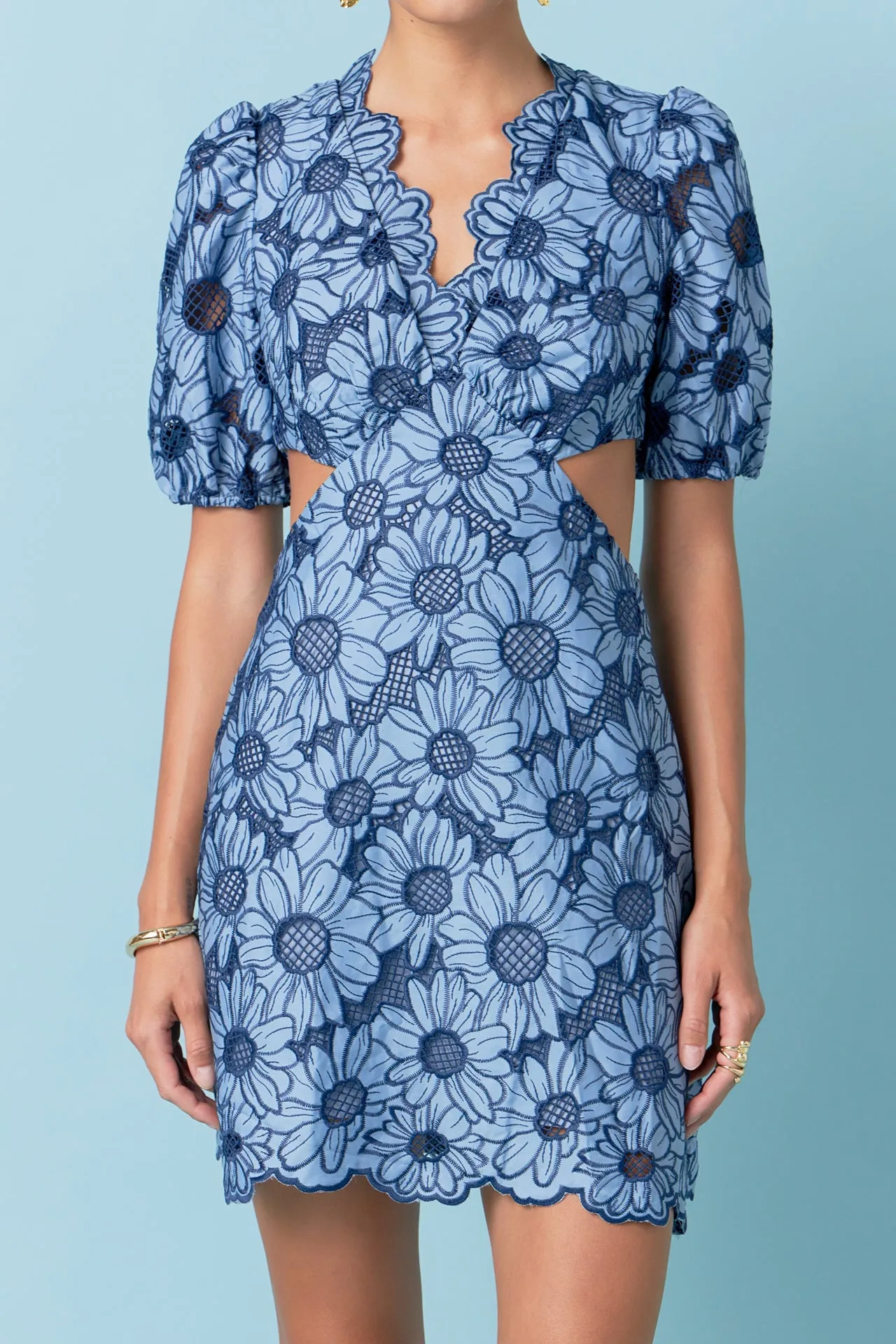 Floral Eyelet Lace Cut Out Scalloped Mini Dress