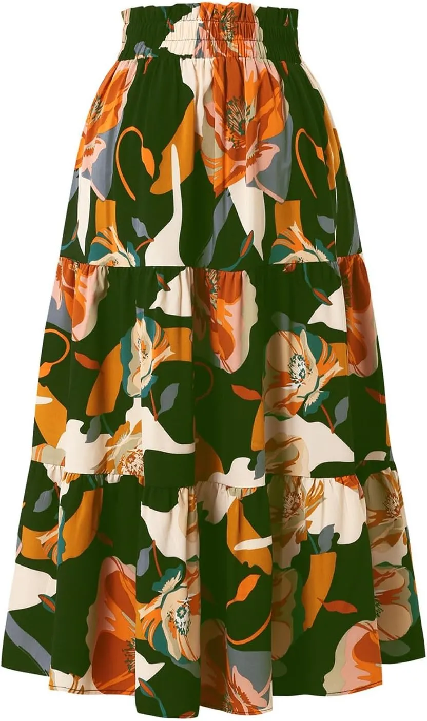 Floral Midi Skirts for Women Summer Tiered Drawstring Elastic Waist Knee Length Skirts Smocked A-Line Flowy Boho Skirt