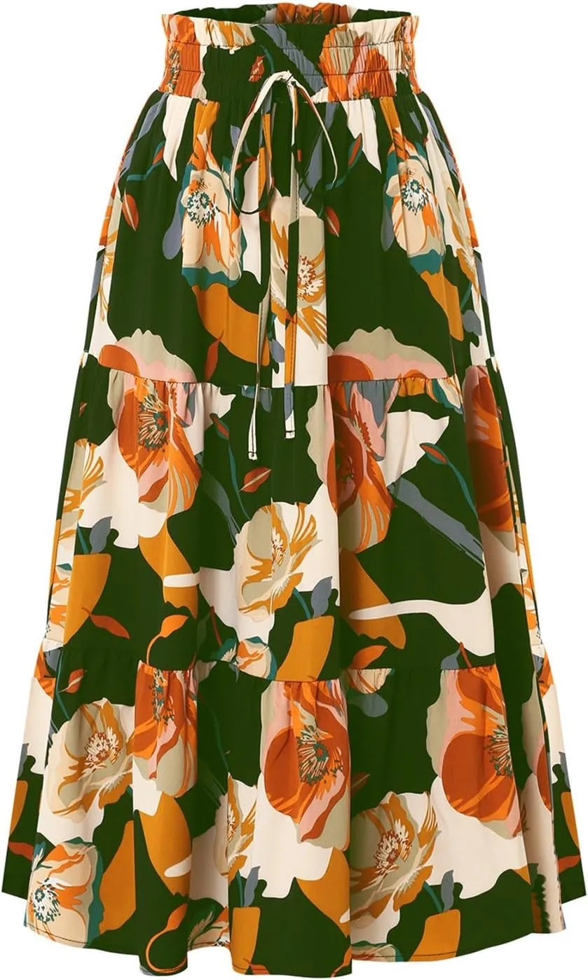 Floral Midi Skirts for Women Summer Tiered Drawstring Elastic Waist Knee Length Skirts Smocked A-Line Flowy Boho Skirt