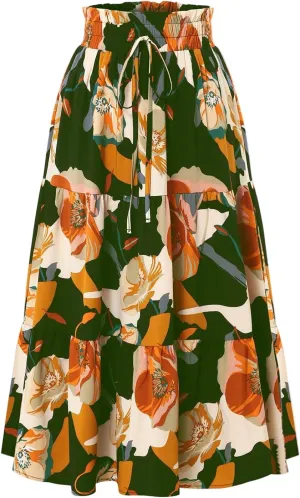 Floral Midi Skirts for Women Summer Tiered Drawstring Elastic Waist Knee Length Skirts Smocked A-Line Flowy Boho Skirt