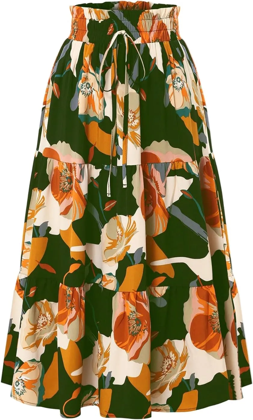 Floral Midi Skirts for Women Summer Tiered Drawstring Elastic Waist Knee Length Skirts Smocked A-Line Flowy Boho Skirt