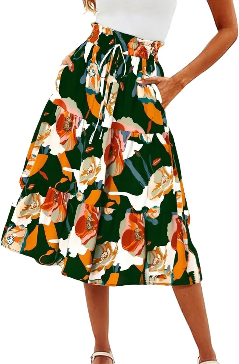 Floral Midi Skirts for Women Summer Tiered Drawstring Elastic Waist Knee Length Skirts Smocked A-Line Flowy Boho Skirt