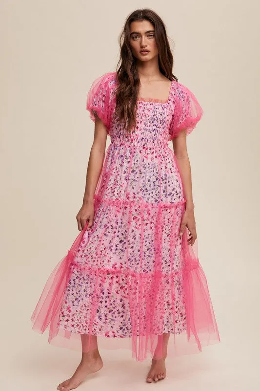 Floral Print Pink Puff Sleeve Mesh Maxi Dress