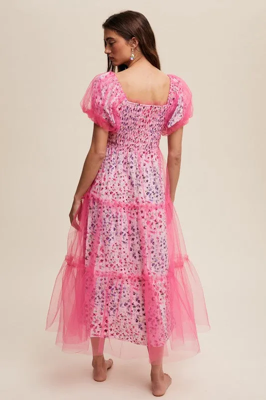 Floral Print Pink Puff Sleeve Mesh Maxi Dress