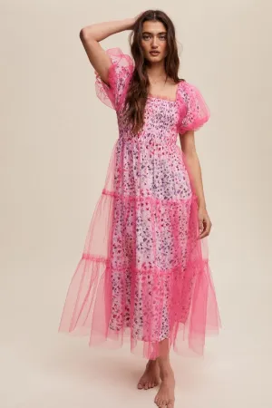 Floral Print Pink Puff Sleeve Mesh Maxi Dress