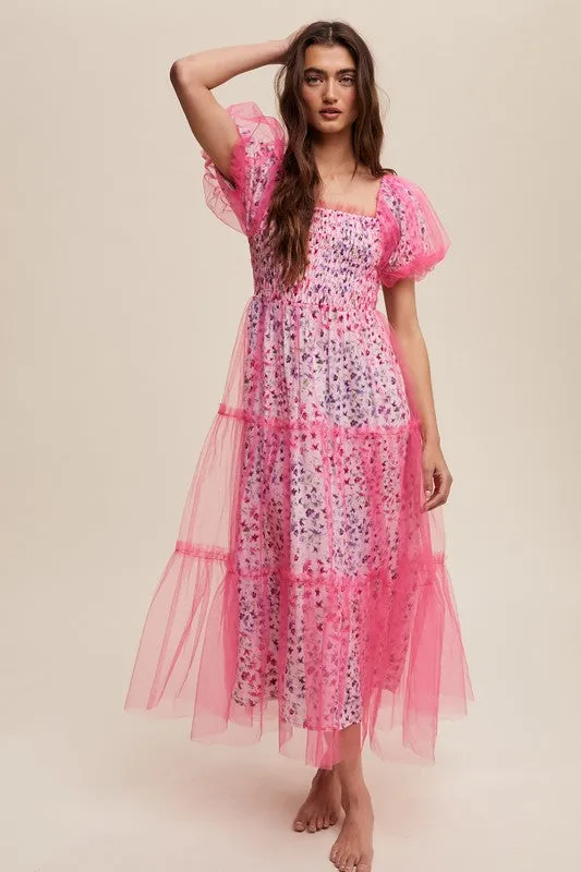 Floral Print Pink Puff Sleeve Mesh Maxi Dress