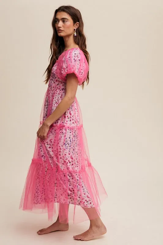 Floral Print Pink Puff Sleeve Mesh Maxi Dress