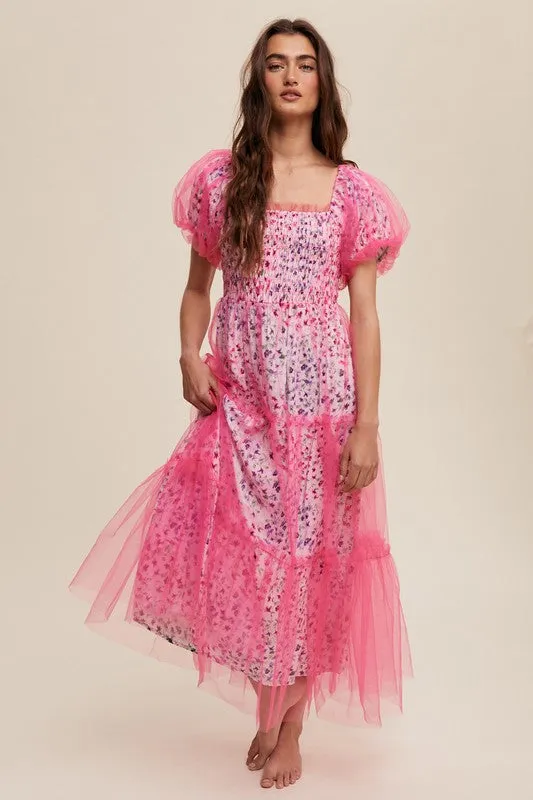 Floral Print Pink Puff Sleeve Mesh Maxi Dress