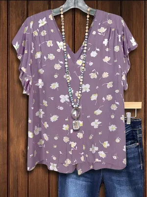 Floral Print Pleated Ruffle Blouse