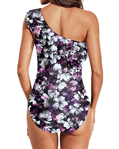 Floral Print Women's Tummy Control Ruffle One Shoulder Swimsuit-Purple Floral