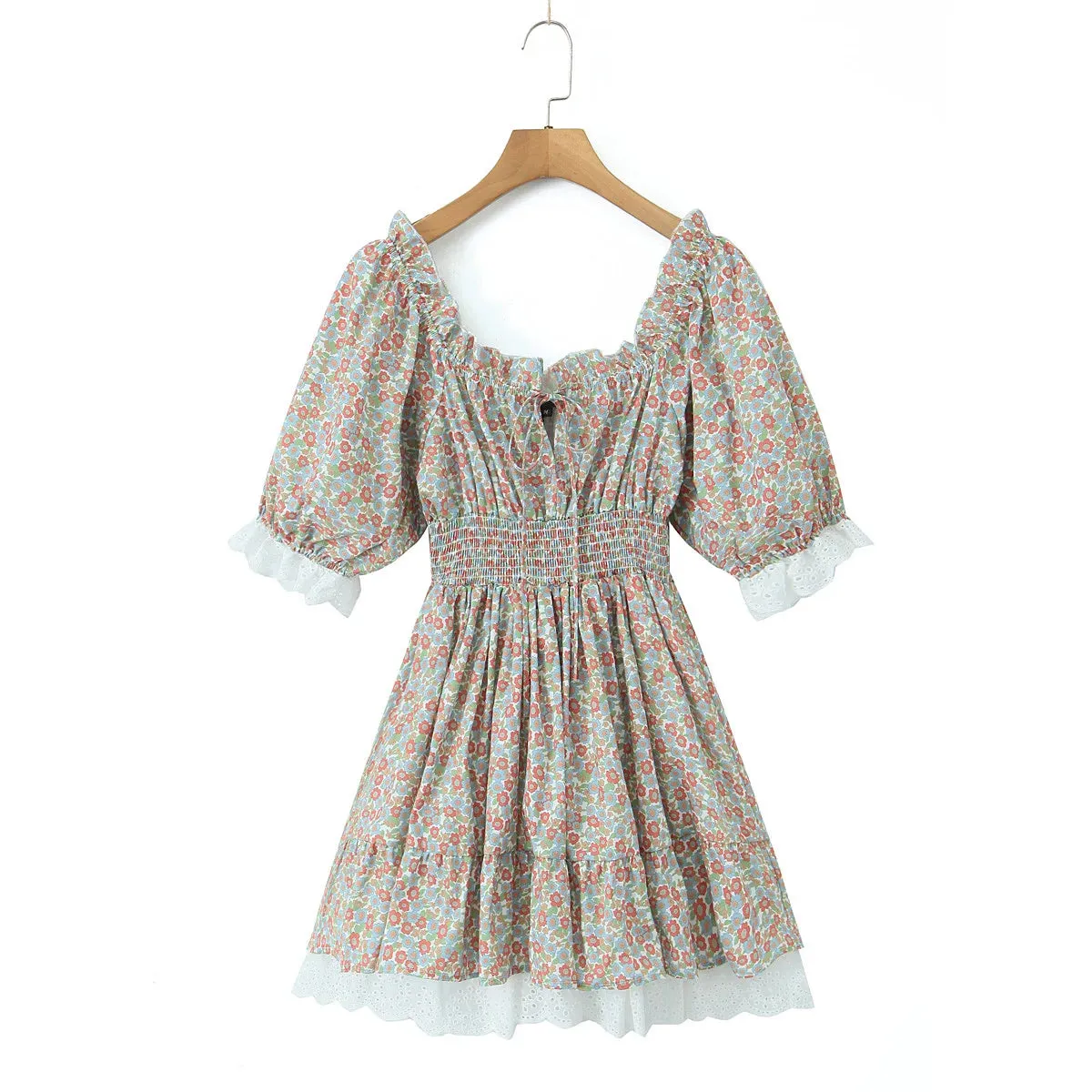 Floral Puff Sleeve Elastic Waist Ruffles Mini Dress