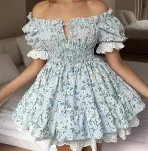 Floral Puff Sleeve Elastic Waist Ruffles Mini Dress