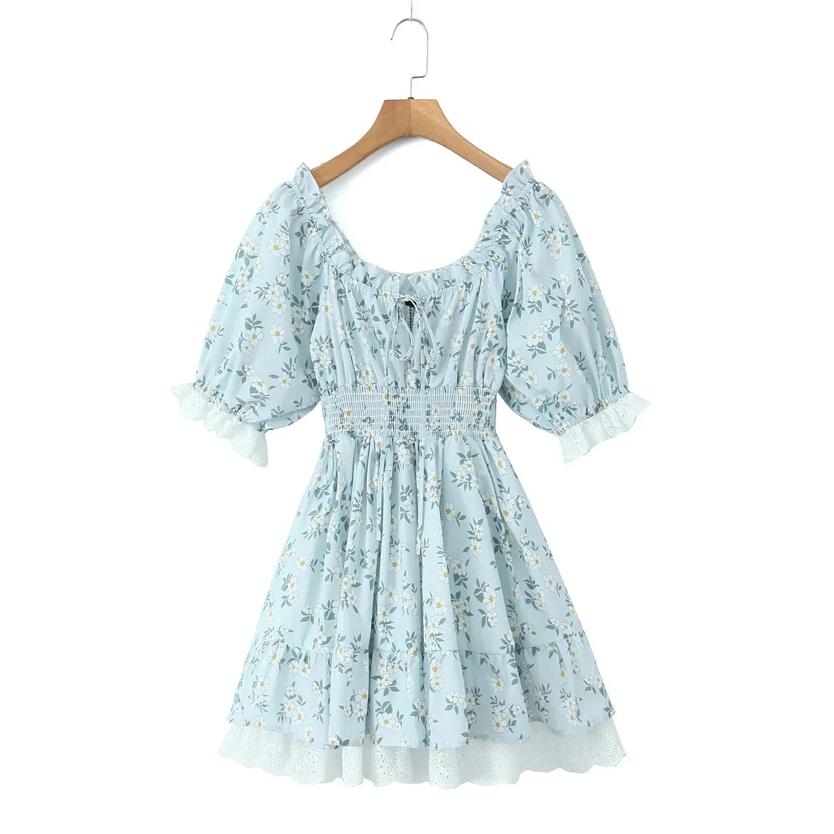Floral Puff Sleeve Elastic Waist Ruffles Mini Dress