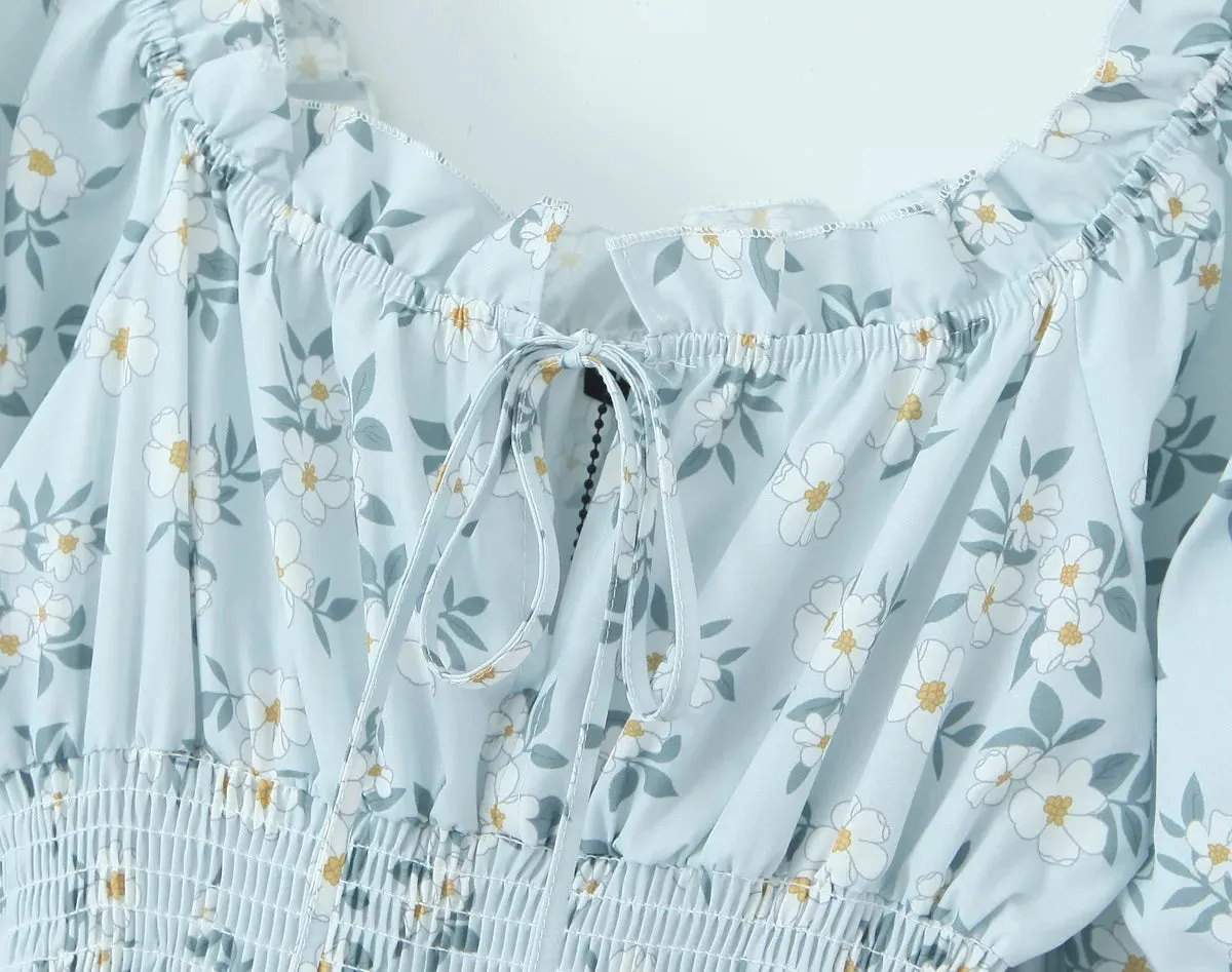 Floral Puff Sleeve Elastic Waist Ruffles Mini Dress