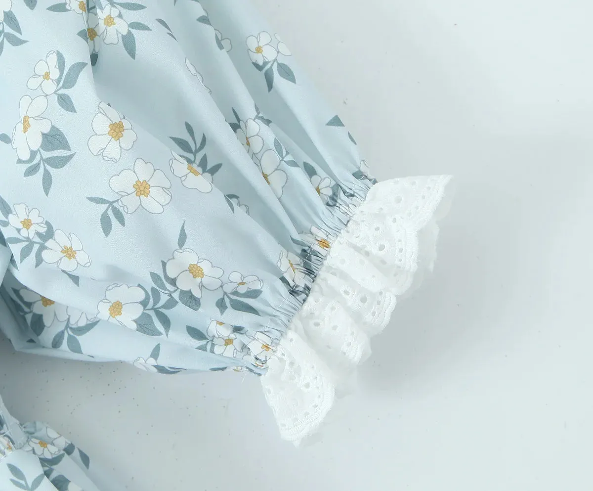 Floral Puff Sleeve Elastic Waist Ruffles Mini Dress