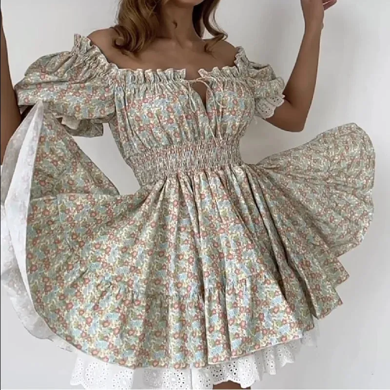 Floral Puff Sleeve Elastic Waist Ruffles Mini Dress