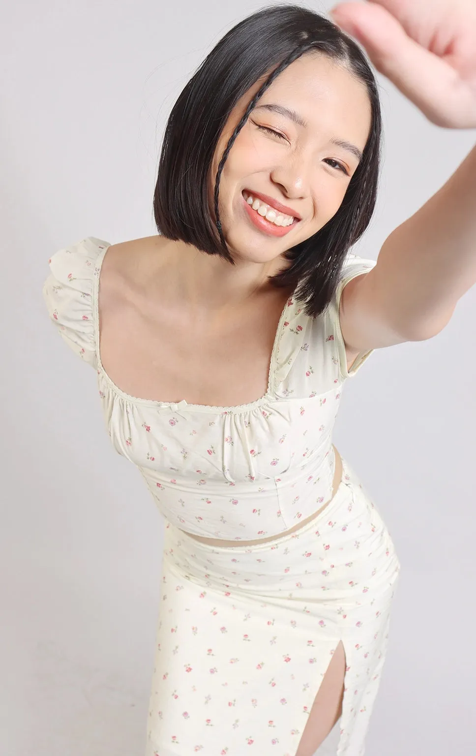 FLORAL PUFF SLEEVE TOP AND SKIRT SET