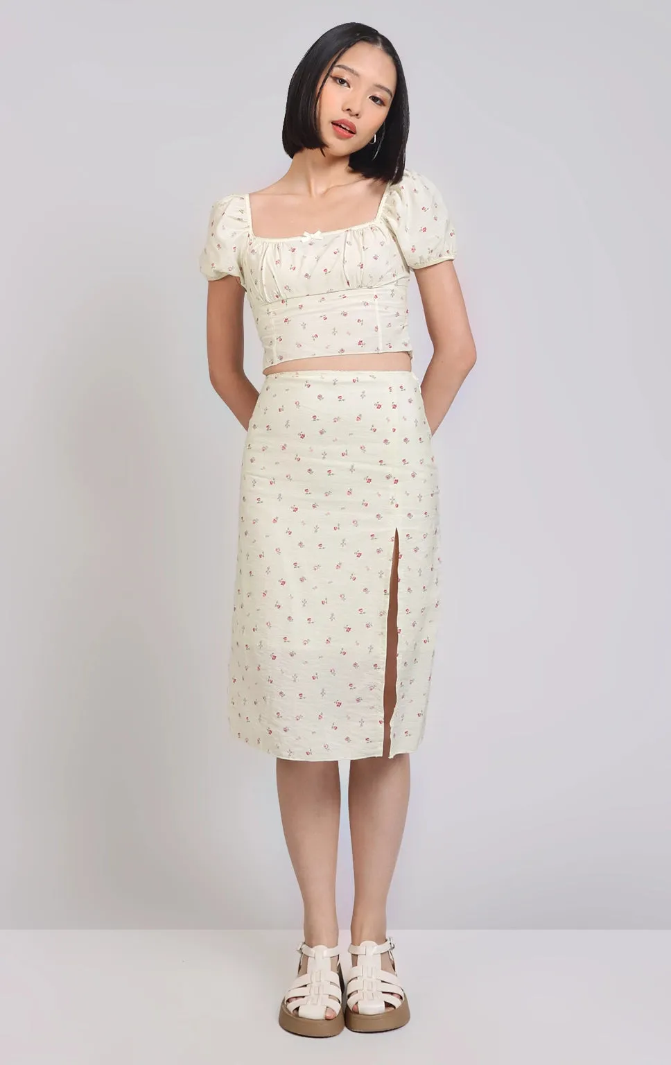 FLORAL PUFF SLEEVE TOP AND SKIRT SET