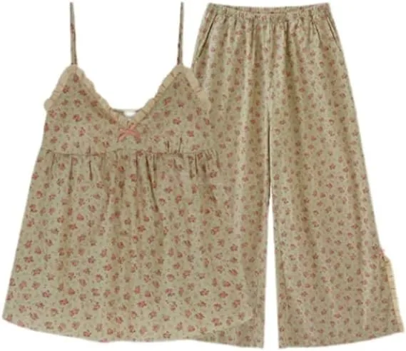 Floral Trouser Suits Pajamas Woman Summer Home Wear 2 Pieces Sleep Tops   Pants Sleeve Nightie Pijamas 2XL X4594951