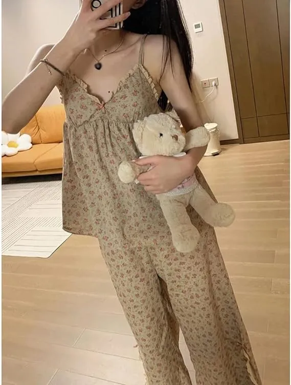 Floral Trouser Suits Pajamas Woman Summer Home Wear 2 Pieces Sleep Tops   Pants Sleeve Nightie Pijamas 2XL X4594951