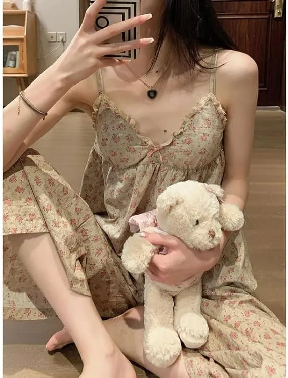 Floral Trouser Suits Pajamas Woman Summer Home Wear 2 Pieces Sleep Tops   Pants Sleeve Nightie Pijamas 2XL X4594951