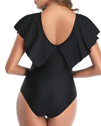 Flounce Sleeve V Neck One Piece Swimsuit For Women-Black