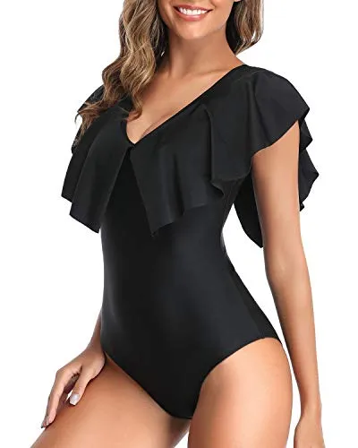 Flounce Sleeve V Neck One Piece Swimsuit For Women-Black