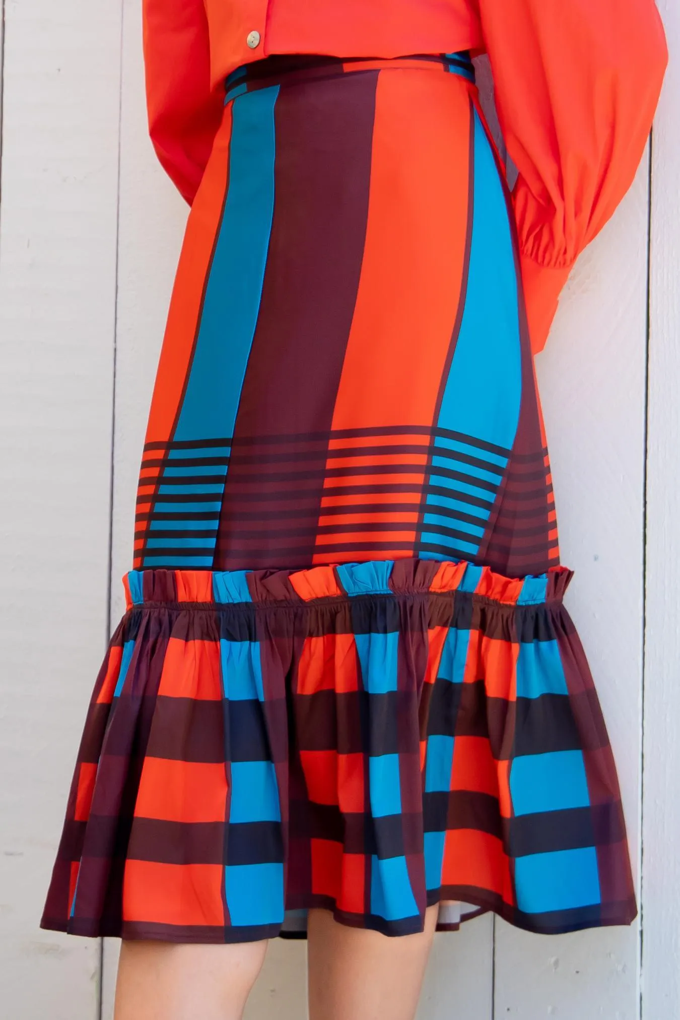 Flounced Midi Skirt Flexible Waistband