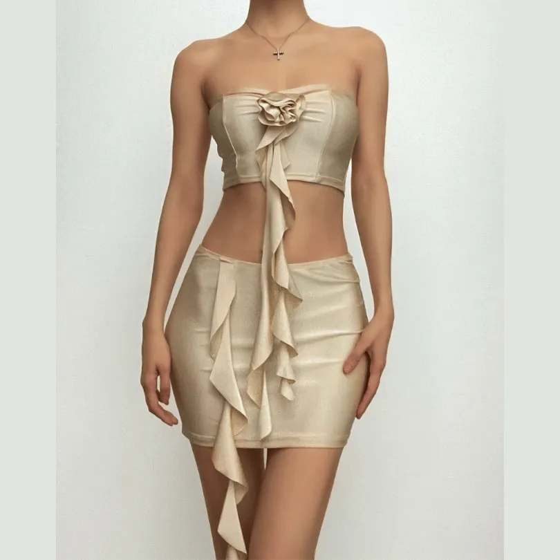 Flower applique solid ruffle irregular backless tube mini skirt set