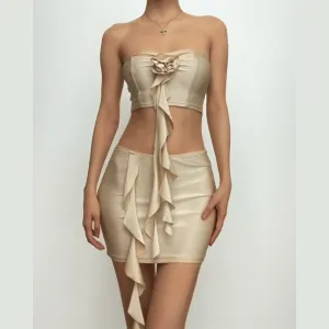 Flower applique solid ruffle irregular backless tube mini skirt set