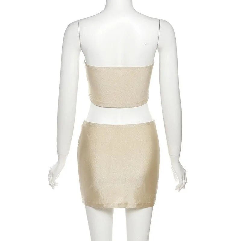 Flower applique solid ruffle irregular backless tube mini skirt set