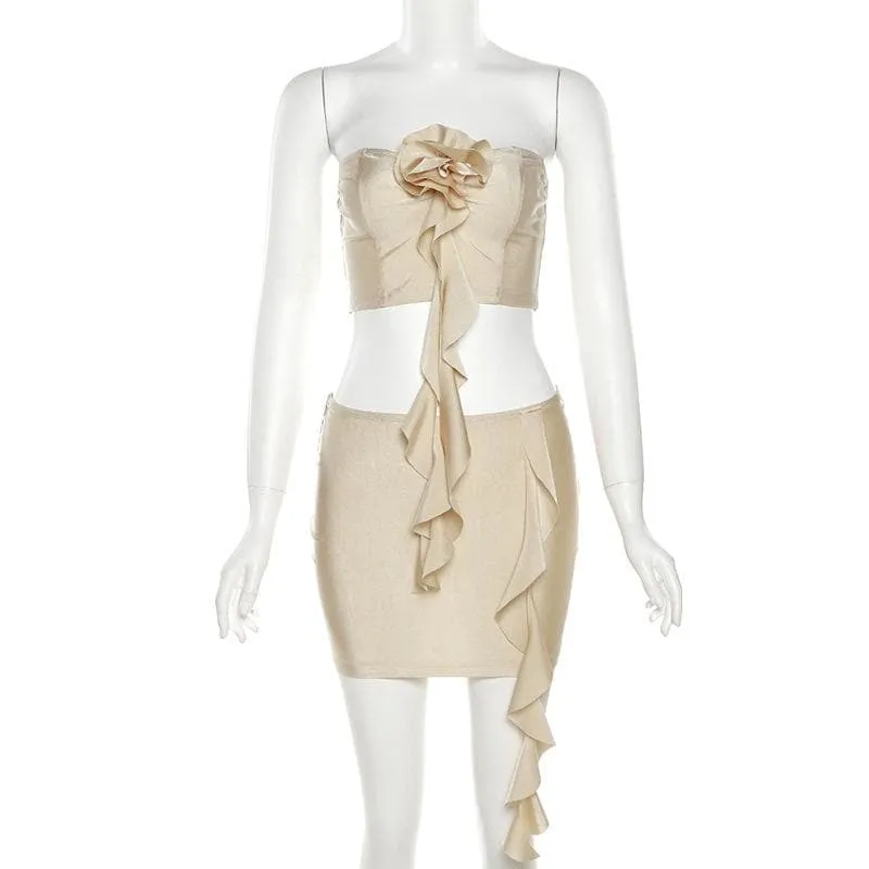 Flower applique solid ruffle irregular backless tube mini skirt set