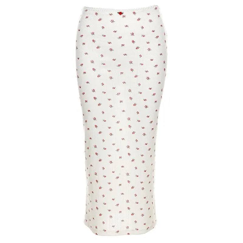 Flower print u neck sleeveless low rise lace hem midi skirt set