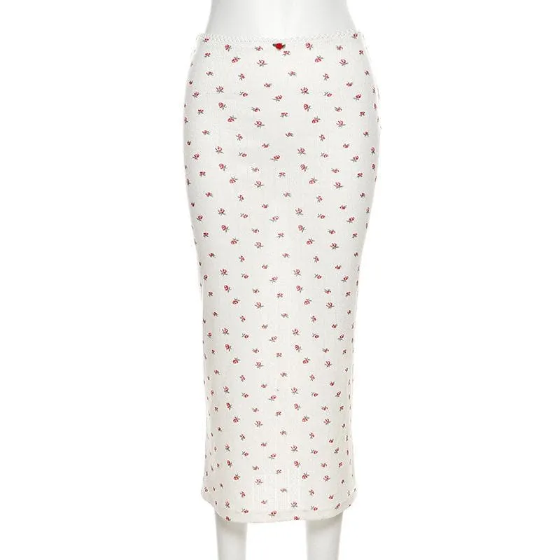 Flower print u neck sleeveless low rise lace hem midi skirt set