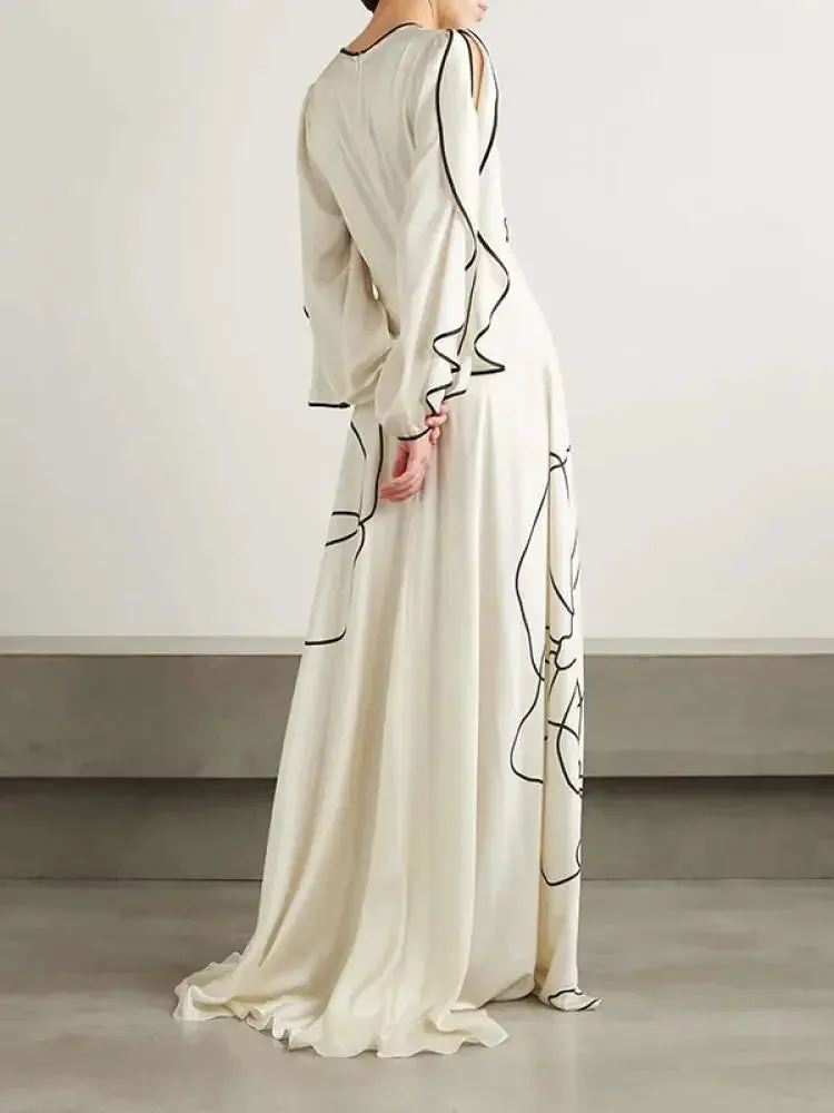 Flower Printed Ruffled Sleeve Elegant Prom Gown