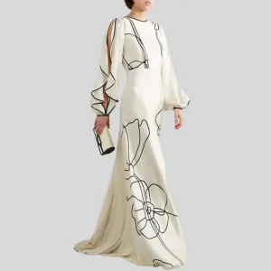 Flower Printed Ruffled Sleeve Elegant Prom Gown