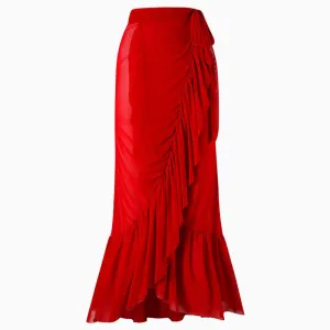 FLowy High Waist Bow Tie Mesh Ruffle Mermaid Maxi Wrap Sarong Cover Up