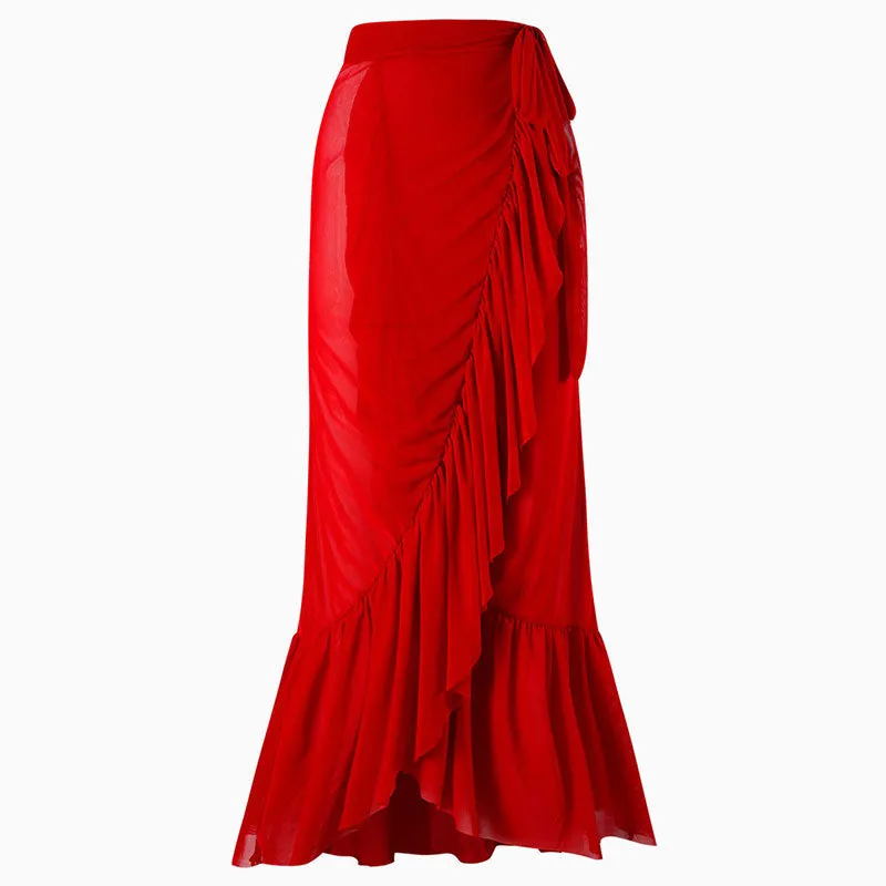 FLowy High Waist Bow Tie Mesh Ruffle Mermaid Maxi Wrap Sarong Cover Up